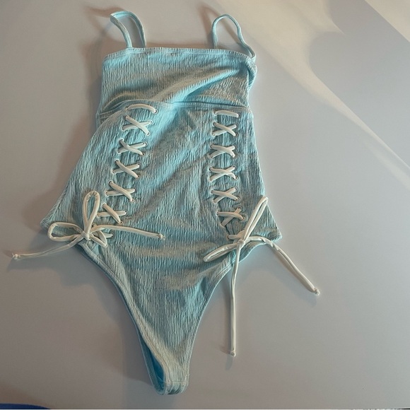 New! Frankie’s Bikinis Kylee lace-up one piece swimsuit blue 22752 - Picture 6 of 14